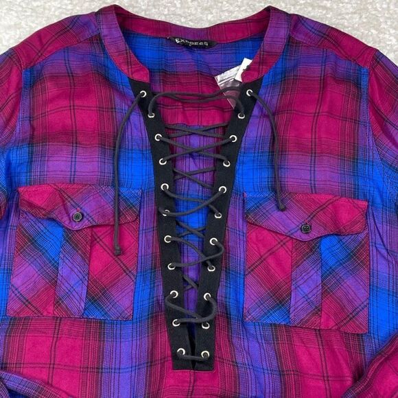 Express Plaid Lace Up Tunic Blouse Blue Pink NEW DEFECT - Picture 7 of 9